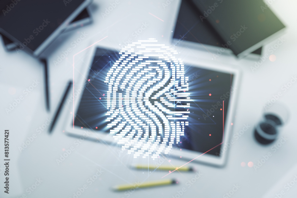 Poster multi exposure of creative fingerprint hologram and digital tablet on background, top view, personal
