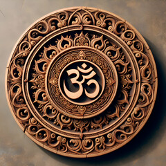 Fototapeta premium Om Elegance: Experience the Beauty of Handcrafted Artistry with This Exquisite Wooden Carving, a Symbol of Spiritual Grace