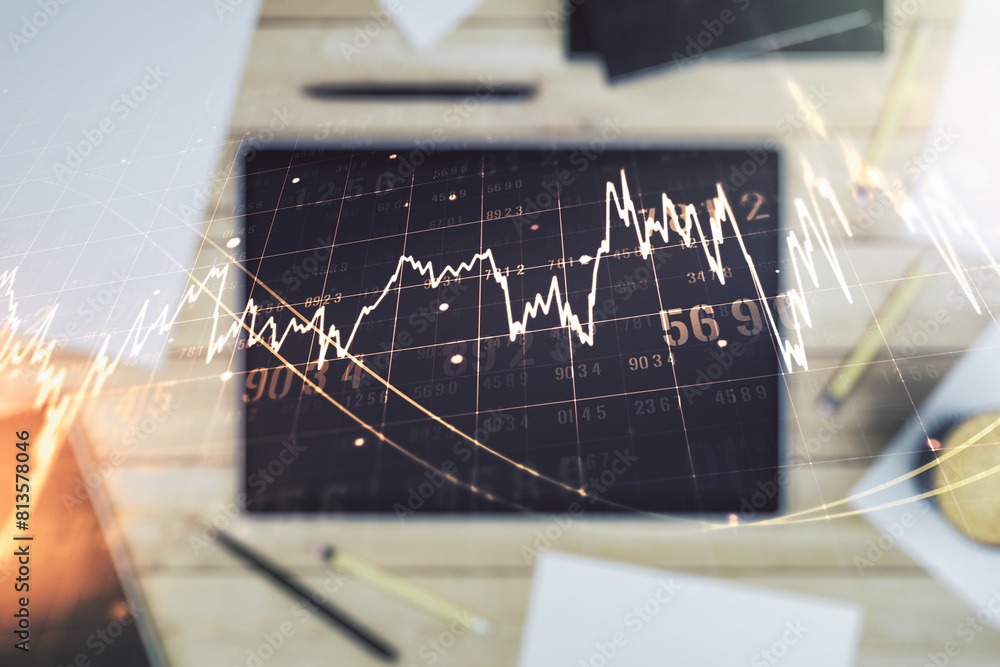 Poster multi exposure of abstract creative financial chart and digital tablet on background, top view, rese
