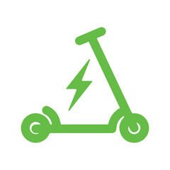 Electric scooter. Icon of electro bike illustration. Logo for rental. Electric scooter isolated on white background. Eco transport with charge sign. Green e-scooter for mobility of ride. Vector EPS 10