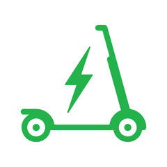 Electric scooter. Icon of electro bike illustration. Logo for rental. Electric scooter isolated on white background. Eco transport with charge sign. Green e-scooter for mobility of ride. Vector EPS 10