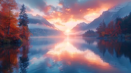 Breathtaking Autumn Sunrise at Hintersee Lake Surrounded by Colorful Foliage and Misty Mountains