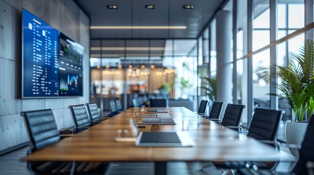 Office screens with digital signage with an internal communication channel shown on screens. in meeting room. Generative AI.