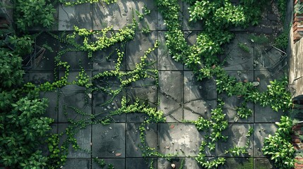Overgrown foliage on a city sidewalk, illustrating nature reclaiming urban space, with a focus on rewilding and green growth