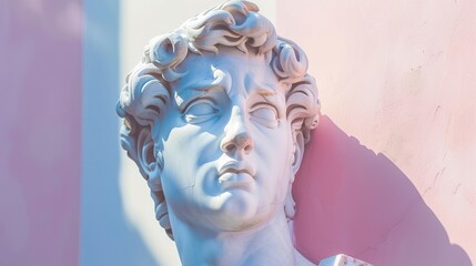 Contemporary colored lighting on classical sculpture head, blending ancient art with modern aesthetics
