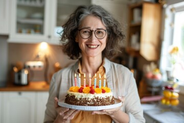 Birthday Woman. Happy Mature Woman Smiling with Birthday Cake at Home