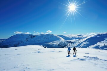 Ski Mountain Adventure: Two Adults Enjoying Extreme Sport in Myrkdalen, Fjord, Norway