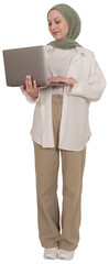Muslim woman in hijab posing with laptop, full body length positive smiling caucasian islamic lady...