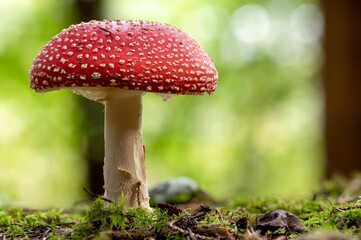 Closeup shot of a red capped fungus on a forest floor