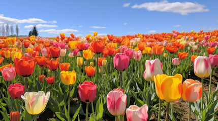 Champs de tulipes color&eacute;es. Paysage, ciel bleu et nuageux. Amsterdam, Pays-Bas. Fleurs, nature, plante. Pour conception et cr&eacute;ation graphique. 