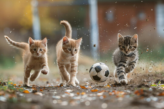 Three tabby cats playing soccer with an orange ball on juicy green lawn. Generated by artificial intelligence