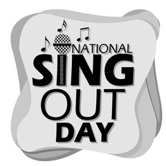 National Sing Out Day event banner.  Bold text with microphone icon and musical notes on white background to celebrate on May 25th