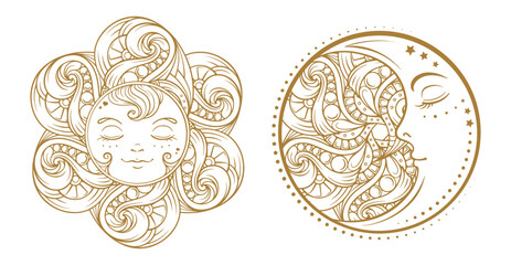 Ethnic sun and moon symbols. Temporary tattoo set.