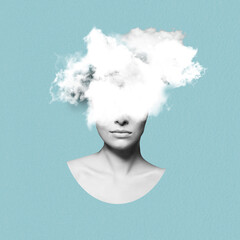 Fine-art, states of mind concept. Abstract and surreal woman illustration collage. Grunge and grain effect. Big white cloud covering model eyes in soft blue background