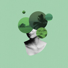 Fine-art, states of mind concept. Abstract and surreal woman illustration collage. Grunge and grain effect. Circle geometric shapes with tropical pattern over model eyes in green background