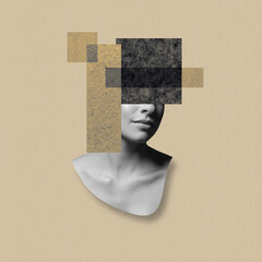 Fine-art, states of mind concept. Abstract and surreal woman illustration collage. Grunge and grain effect. Various square geometric shapes over model eyes in beige background