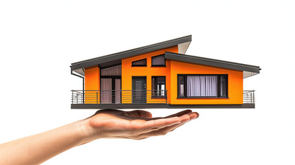 Human hand holding a modren house, isolated on white background