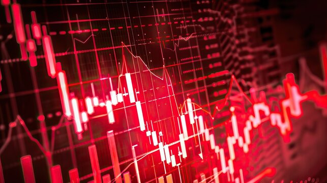 Close up of a red stock market screen showing financial graph data going down