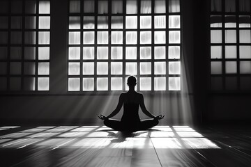 Silhouette of a woman practicing yoga in a room with large windows - Powered by Adobe