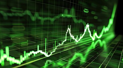 Glowing green stock market chart with upward trend on digital screen
