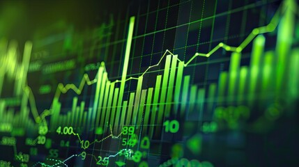 Glowing green stock market chart with upward trend on digital screen