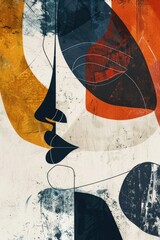 Abstract artistic vibrant colourful hand drawn woman face with brush strokes, background with geometric shapes, dots, textured wallpaper, art print, poster, creative banner