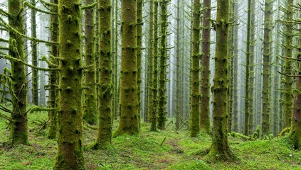 Beautiful dense moss covered forest with tall trees