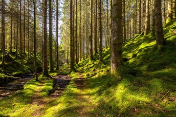 Scenic shot of a dense moss covered forest with tall trees