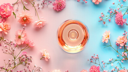 Top view of a Rosé wine glass among pink flowers on a pink and blue gradient background