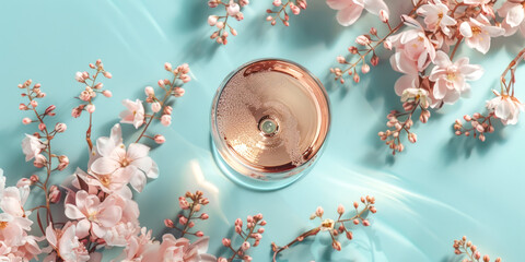 A top-down view of a rosé wine glass surrounded by an array of soft pink spring flowers.
