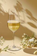
A glass of white wine beautifully positioned among white flowers floral decorations, casting soft shadows.

