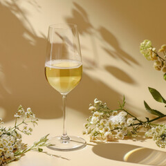 A glass of white wine beautifully positioned among white and green floral decorations, casting soft shadows.

