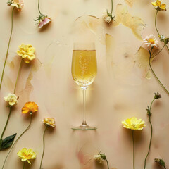 A champagne glass filled with bubbling liquid, surrounded by a lush array of spring flowers, symbolizing celebration.
