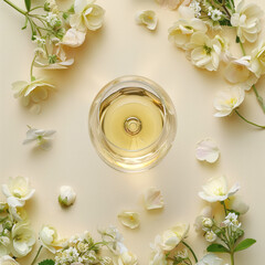 A white wine glass stands amidst a splendid display of vibrant yellow and white flowers.
