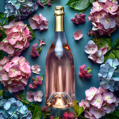 A beautifully designed wine bottle stands among a vivid display of spring flowers, offering a delightful visual feast.
