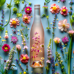 Artistic presentation of a refined rosé wine bottle surrounded by a vibrant collection of spring flowers.