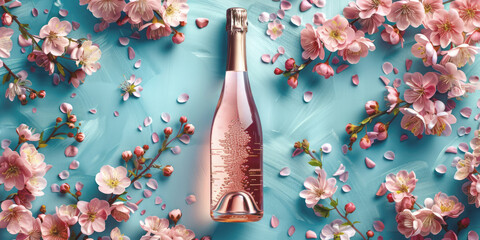 A champagne bottle enhanced by pink flowers floral decorations on a serene blue background, ideal for romantic celebrations.
