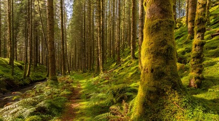 Beautiful shot of a mossy bright green forest