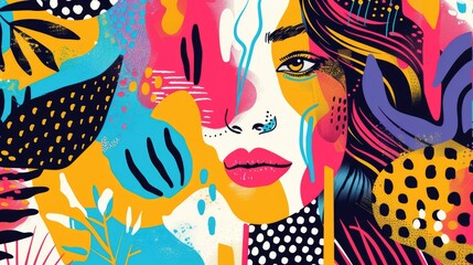 Abstract woman face, hand drawn background with geometric shapes, brush strokes, dots, lines, flowers and leaves. Textured boho wallpaper, art print, poster, creative banner