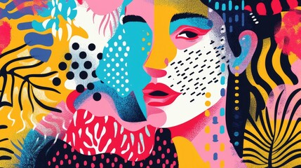 Abstract woman face, hand drawn background with geometric shapes, brush strokes, dots, lines, flowers and leaves. Textured boho wallpaper, art print, poster, creative banner