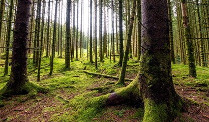 Beautiful shot of a mossy bright green forest