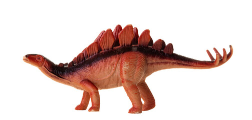 Obraz premium Realistic plastic model of a Stegosaurus dinosaur on white background.