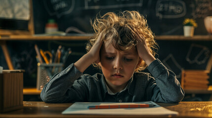 A thoughtful, tired schoolboy sits at the table in front of a book and does his homework. Learning difficulties.