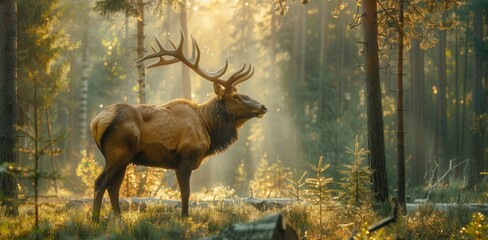 Majestic Elk with Impressive Antlers Roaming Through Lush Forest Canopy