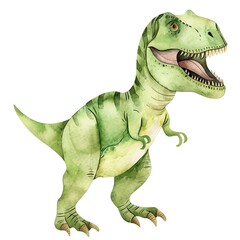 Obraz premium A watercolor illustration of a Tyrannosaurus Rex. The dinosaur is green and has a large mouth with sharp teeth. It is standing on its hind legs and has its tail raised in the air.