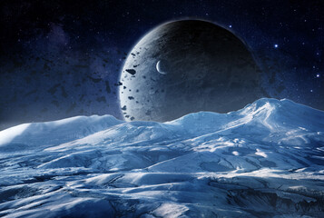 icy landscape with rocky planet in the cloudy sky. outer world beautiful scenery, wonderful alien landscape digital background for desktop. starry sky with exoplanets at night time, 3d illustration