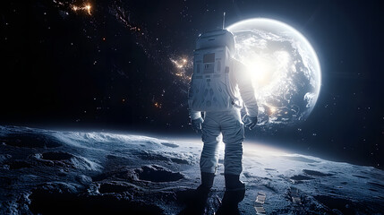 Obraz premium Astronaut standing on the moon, gazing at planet Earth in space with stars and galaxy visible in the background.