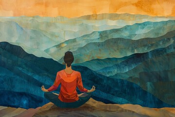 Woman meditating in lotus pose on the mountain background. Digital painting