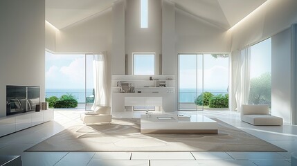 Naklejka premium Minimalist living room, bright sunlight, white wall decoration. Generative AI.