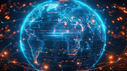 Hologram of planet Earth. Dark blue technology vector background. Global map. innovative science and technologies. futuristic software radar. Hi-tech illustration. Energy load scale. Generative AI.